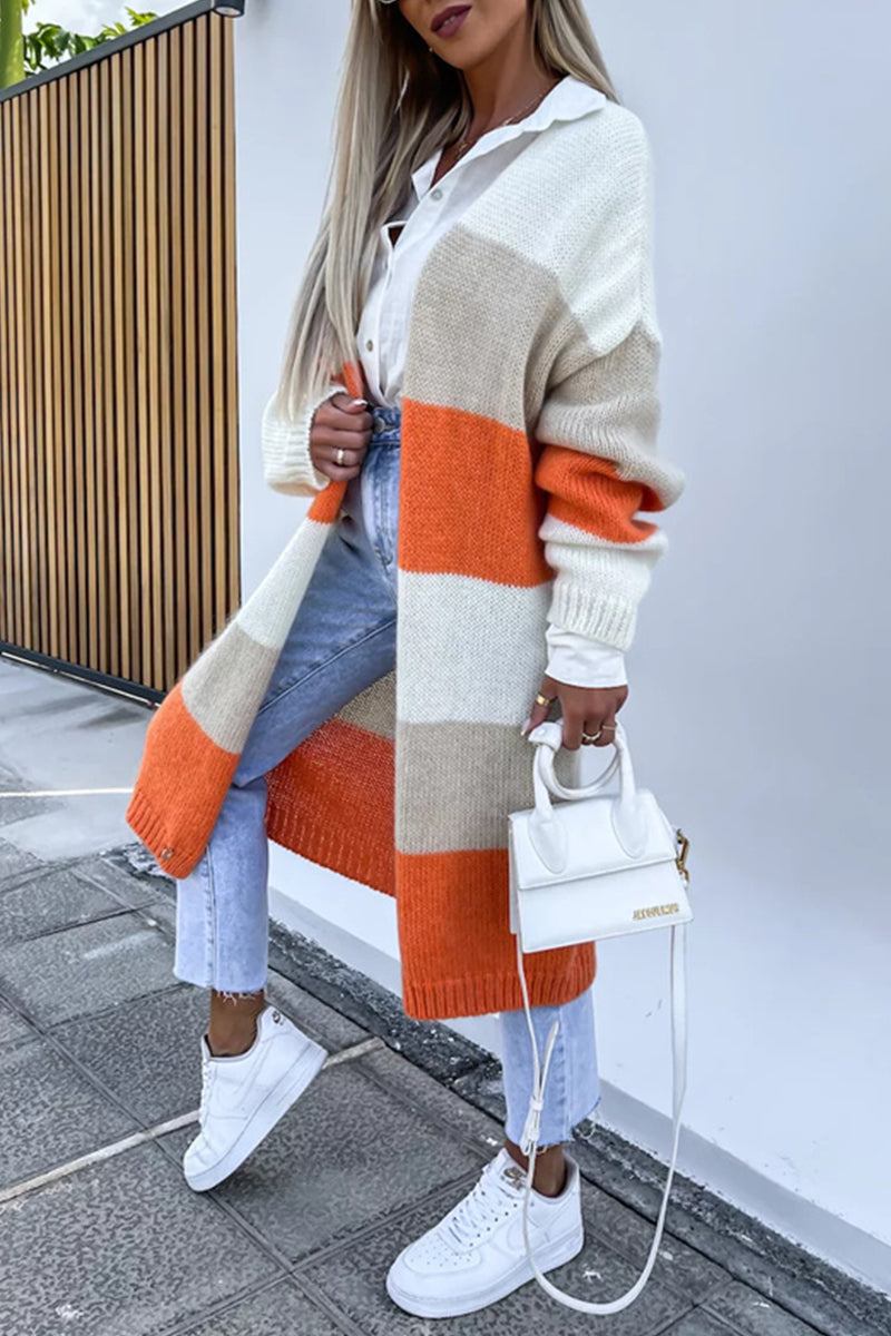 Casual Street Striped Contrast Cardigan Collar Outerwear