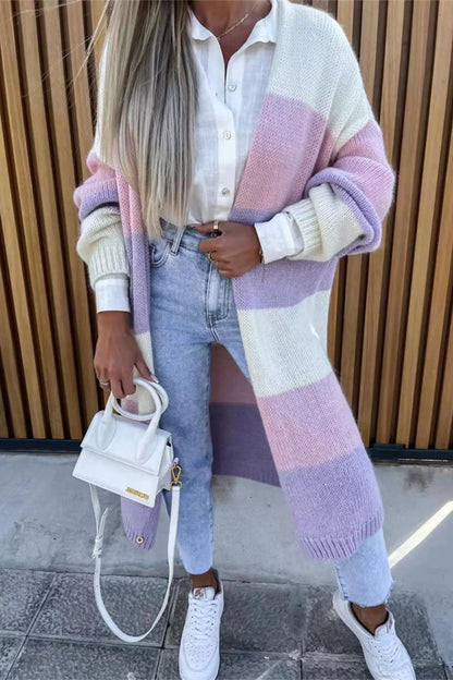 Casual Street Striped Contrast Cardigan Collar Outerwear Purple