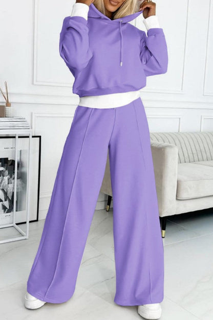 Casual Solid Patchwork Hooded Collar Long Sleeve Two Pieces Purple