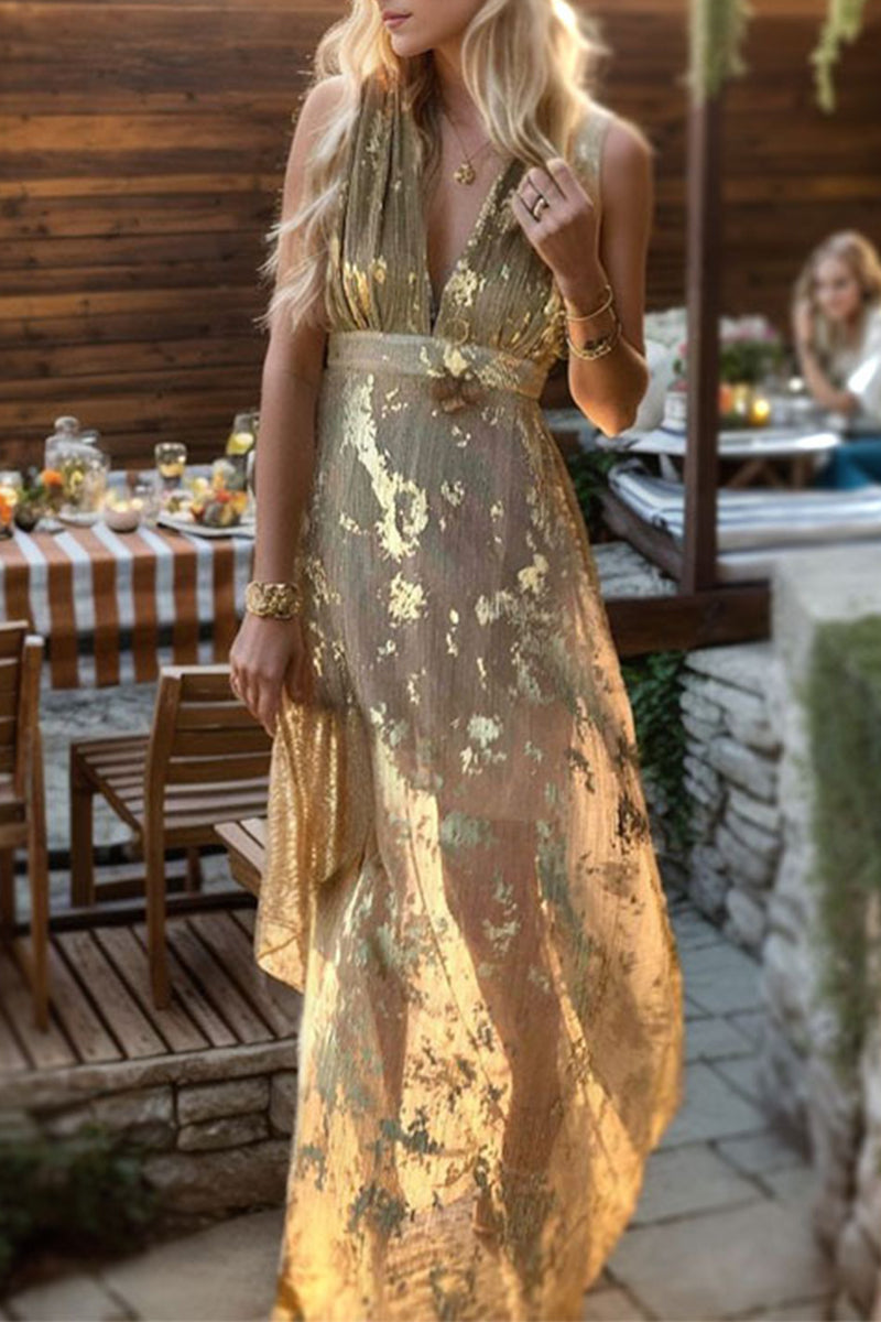 Sexy Bronzing Patchwork V Neck Evening Dresses Gold