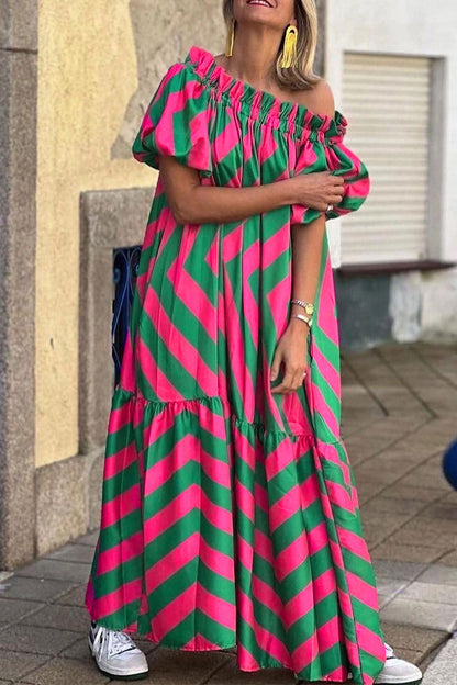 Casual Striped Contrast Off the Shoulder Printed Dresses Pink