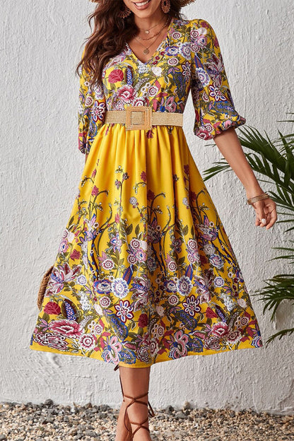 Elegant College Floral With Belt V Neck A Line Dresses(3 Colors) Yellow