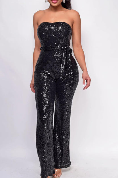 Street Solid Bandage Sequins Patchwork Strapless Regular Jumpsuits