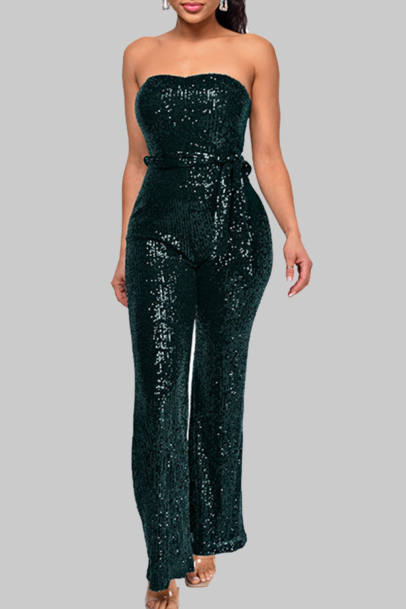 Street Solid Bandage Sequins Patchwork Strapless Regular Jumpsuits