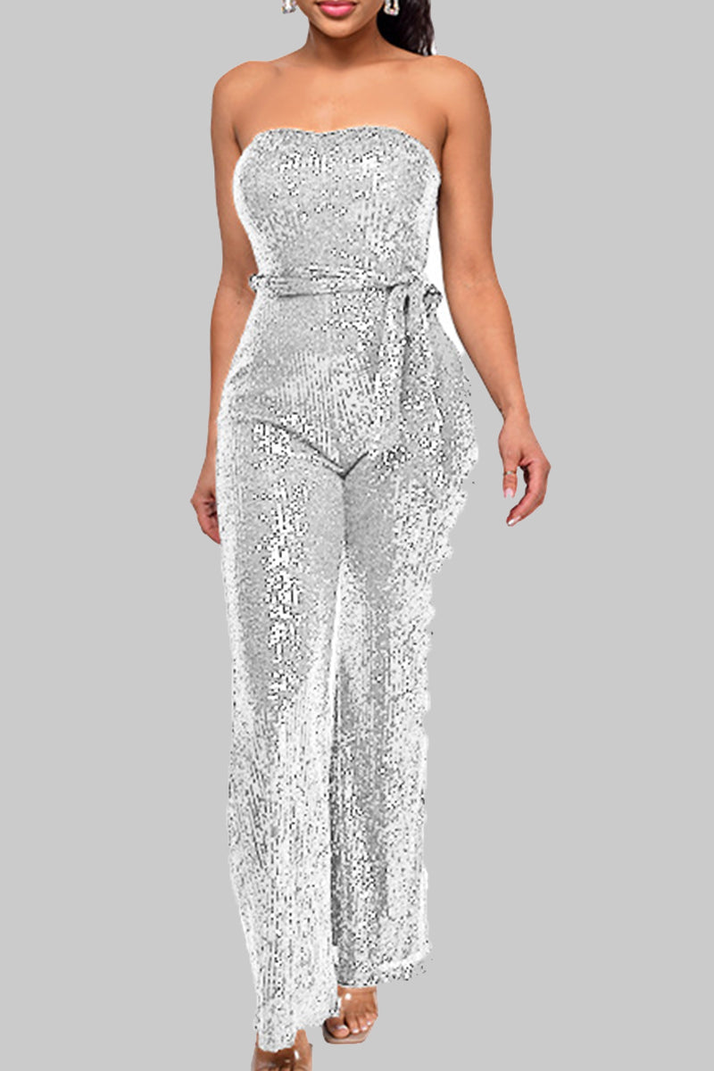 Street Solid Bandage Sequins Patchwork Strapless Regular Jumpsuits(5 Colors) Silver White