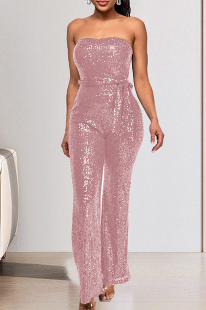 Street Solid Bandage Sequins Patchwork Strapless Regular Jumpsuits