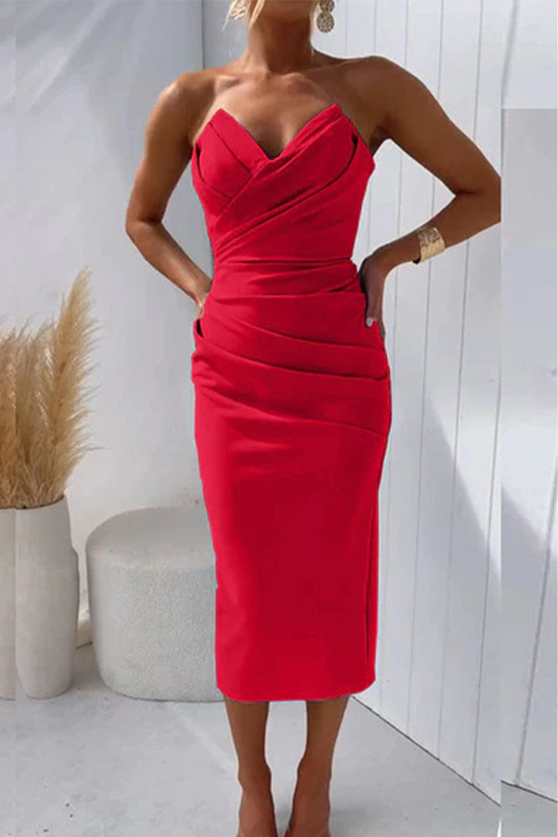 Sexy Formal Solid Fold V Neck Evening Dresses(8 Colors) Red