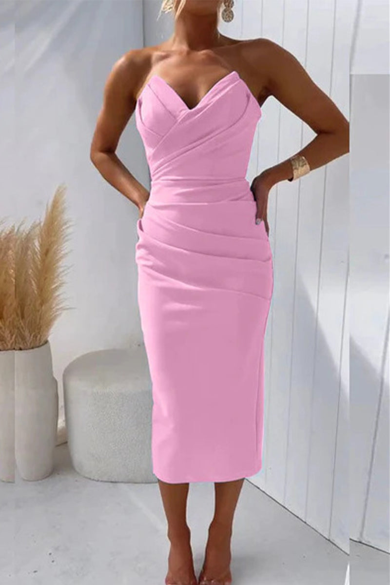 Sexy Formal Solid Fold V Neck Evening Dresses(8 Colors) Pink