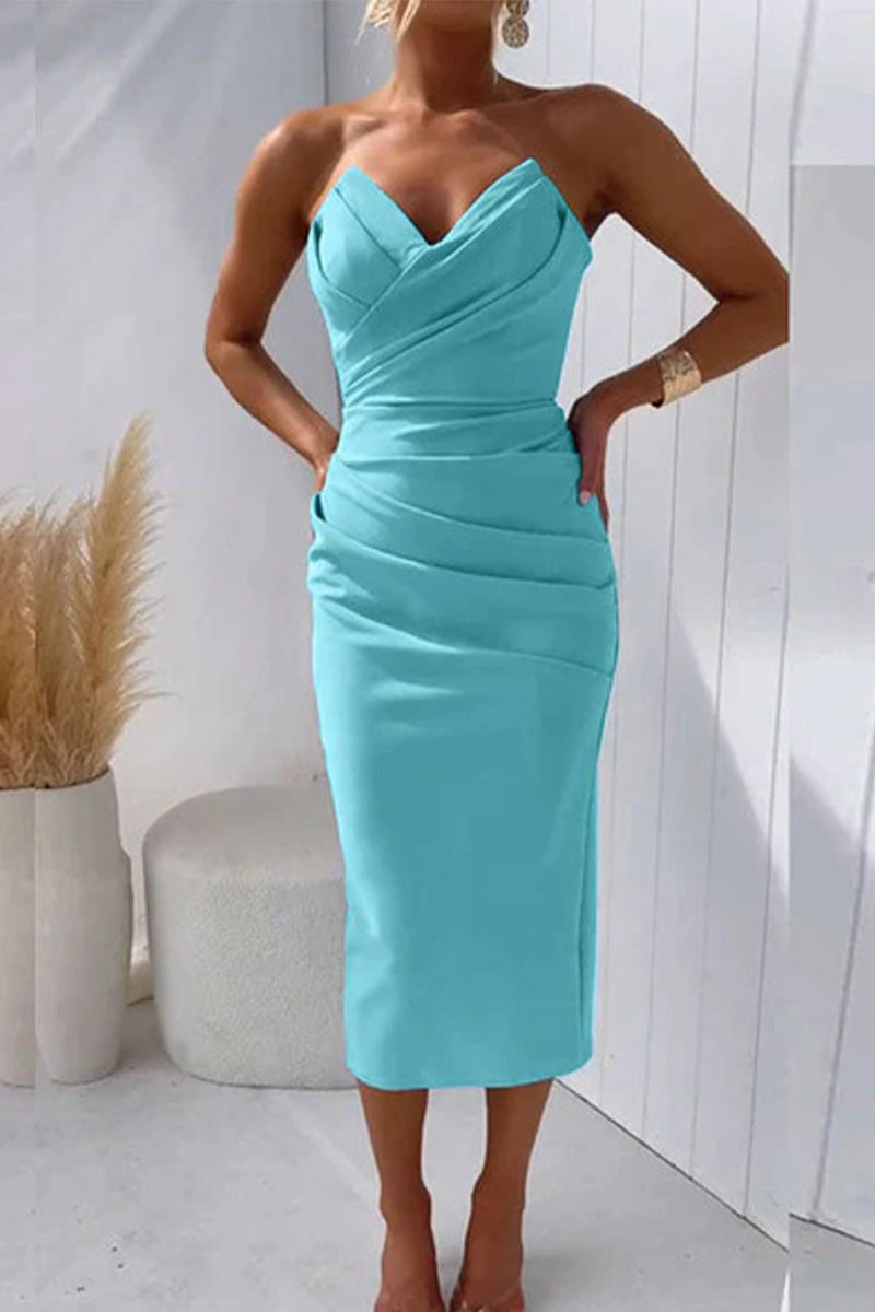 Sexy Formal Solid Fold V Neck Evening Dresses(8 Colors) Lake Blue