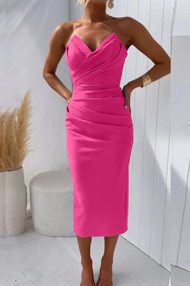 Sexy Formal Solid Fold V Neck Evening Dresses(8 Colors) Rose Red