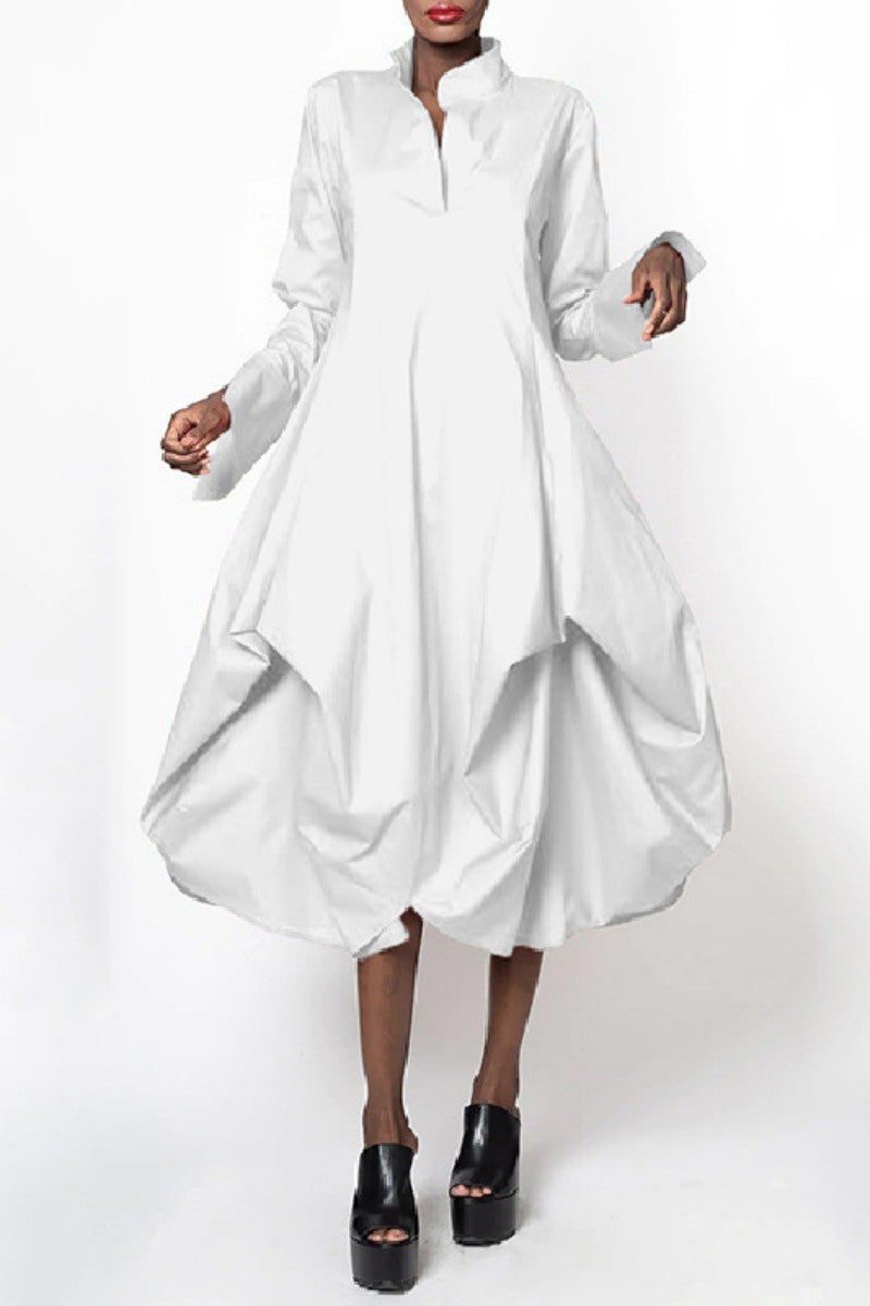 Casual Solid Patchwork Mandarin Collar Long Sleeve Dresses White