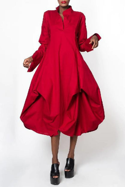 Casual Solid Patchwork Mandarin Collar Long Sleeve Dresses Red