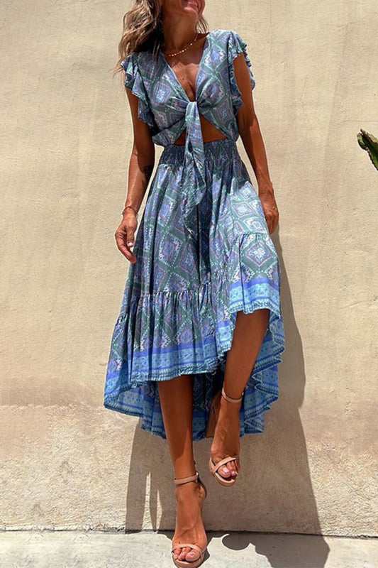 Sexy Vacation Floral Bandage V Neck Printed Dress Dresses Blue