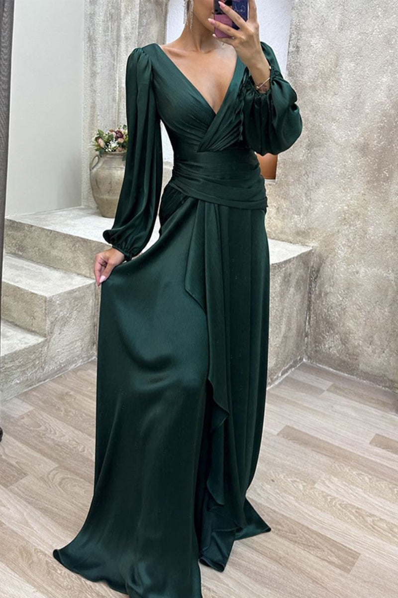 Elegant Formal Solid Fold V Neck Evening Dresses(3 Colors) Ink Green