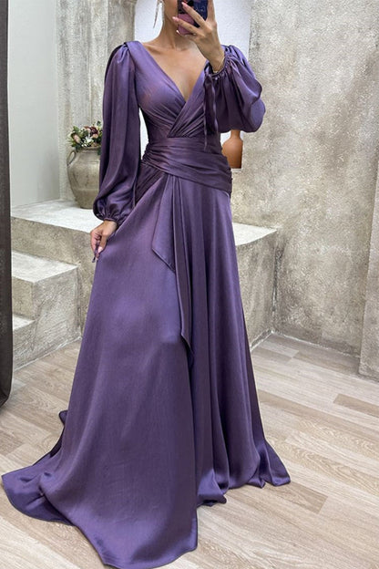 Elegant Formal Solid Fold V Neck Evening Dresses(3 Colors) Purple