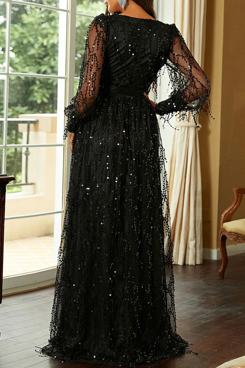 Elegant Formal Print Tassel Sequins High Opening V Neck Evening Dresses