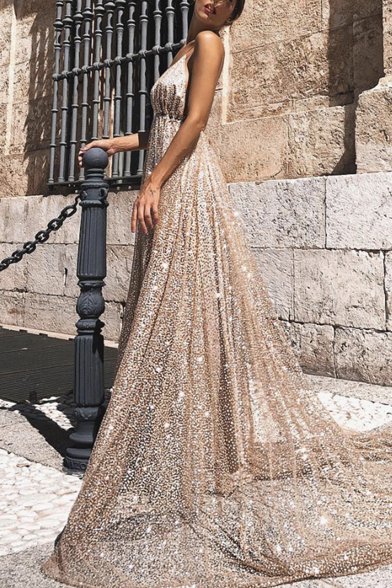 Sexy Formal Solid Sequined V Neck Sling Dresses