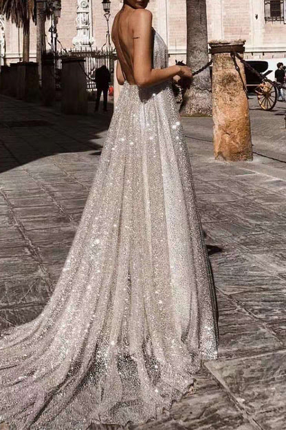 Sexy Formal Solid Sequined V Neck Sling Dresses Silver