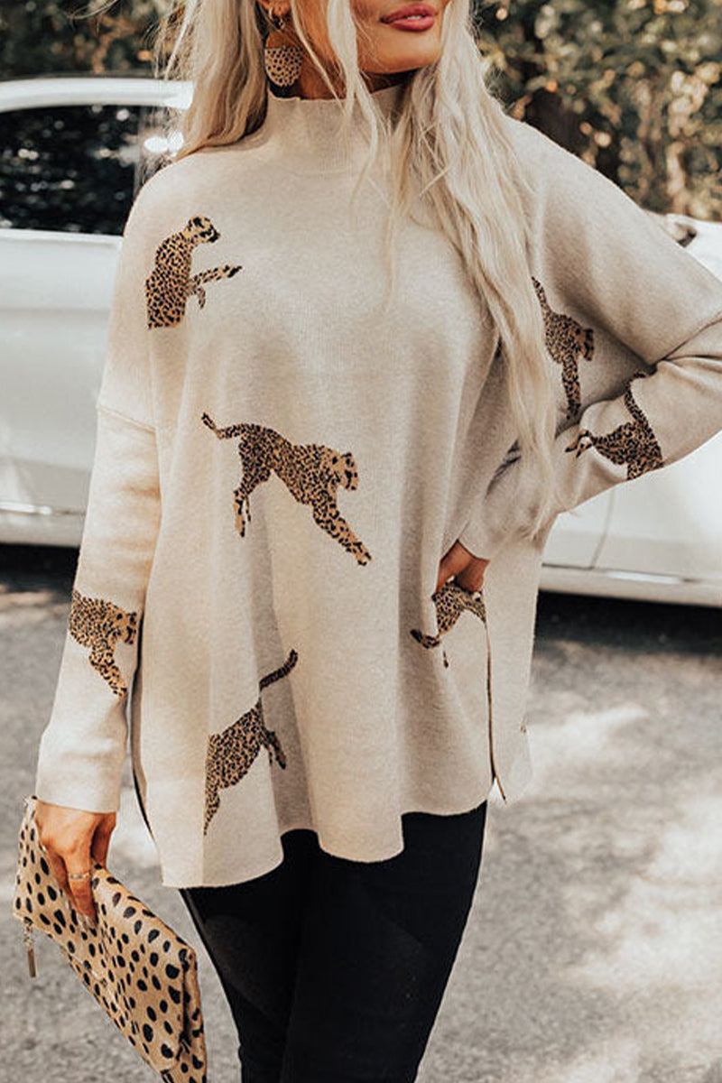 Casual Animal Slit Printing Turtleneck Tops(4 Colors) Cream White