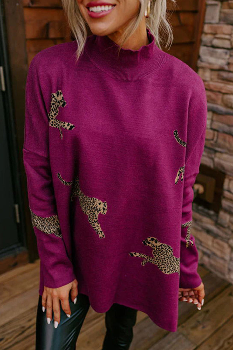 Casual Animal Slit Printing Turtleneck Tops(4 Colors) Burgundy