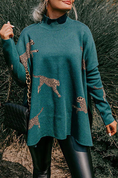 Casual Animal Slit Printing Turtleneck Tops(4 Colors) Malachite Green