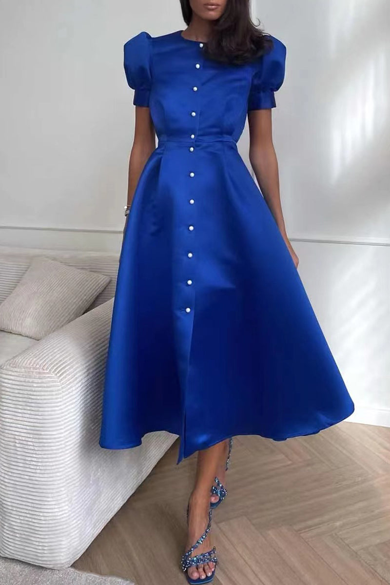 Elegant Solid Buckle O Neck A Line Short Sleeve Dress(5 Colors) Blue