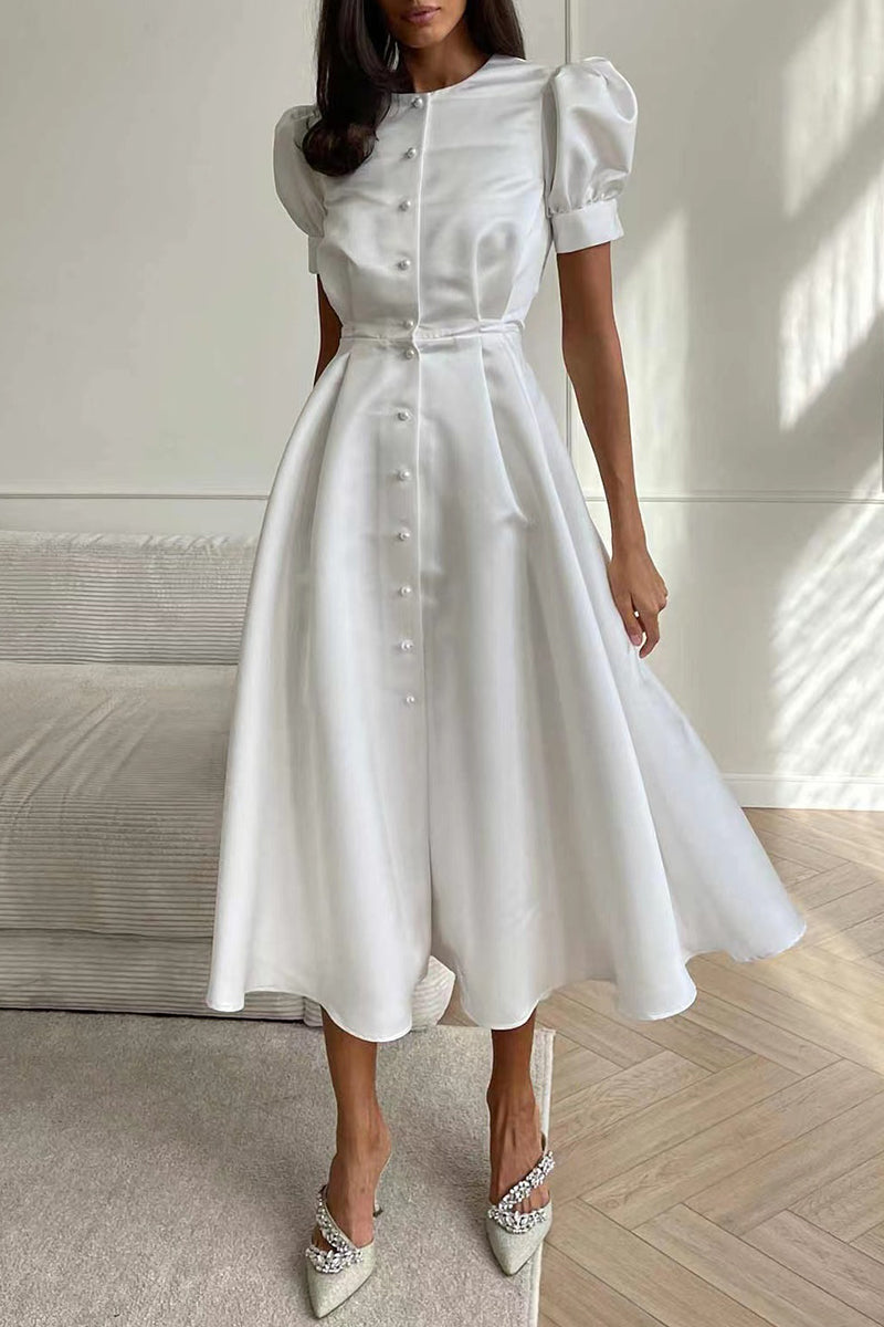 Elegant Solid Buckle O Neck A Line Short Sleeve Dress