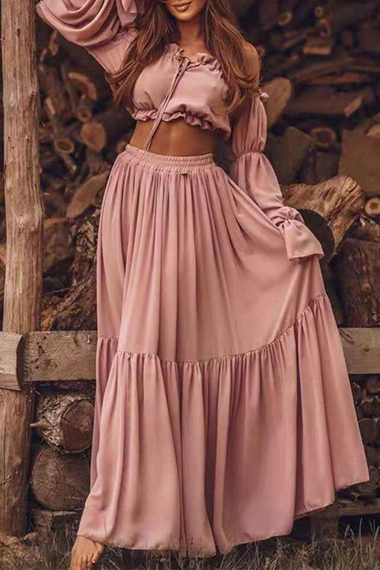 Sexy Vacation Solid Frenulum Off the Shoulder Long Sleeve Two Pieces(4 Colors) Pink