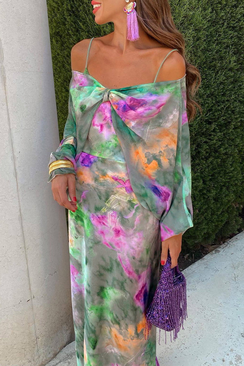 Elegant Floral Contrast Off the Shoulder Long Sleeve Two Pieces Green