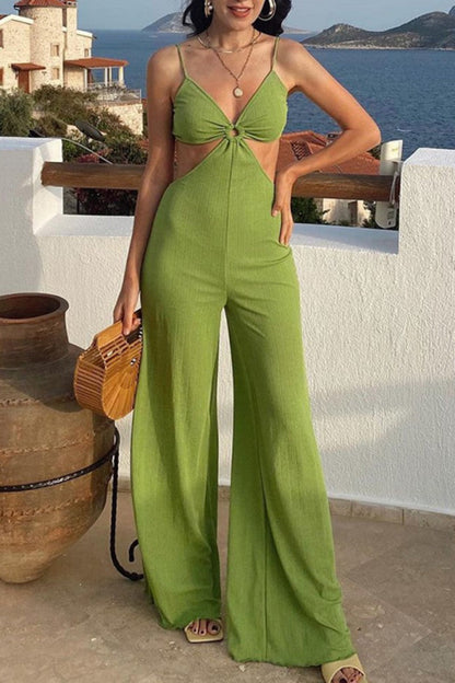 Sexy Casual Solid Backless V Neck Regular Jumpsuits