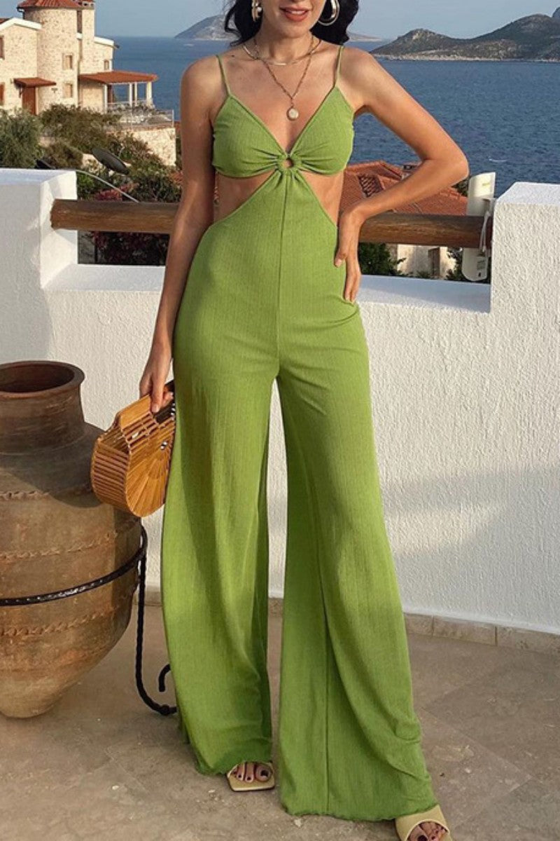 Sexy Casual Solid Backless V Neck Regular Jumpsuits