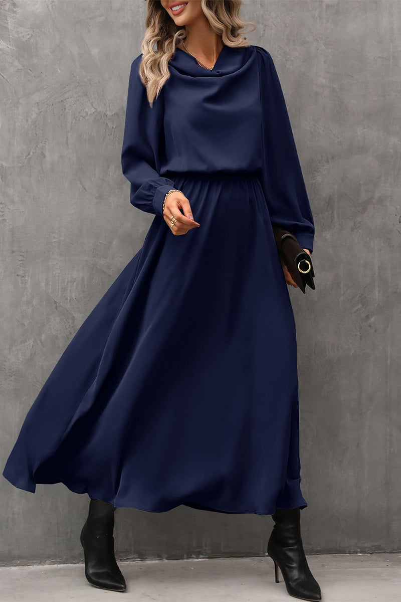 Elegant Solid Asymmetrical Scarf Collar A Line Dresses Deep Blue