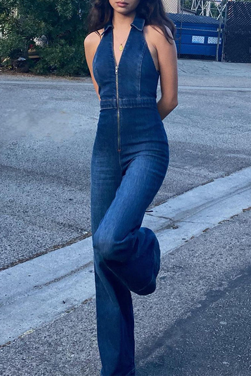 Casual Street Solid Zipper V Neck Sleeveless Regular Denim Jumpsuits Blue