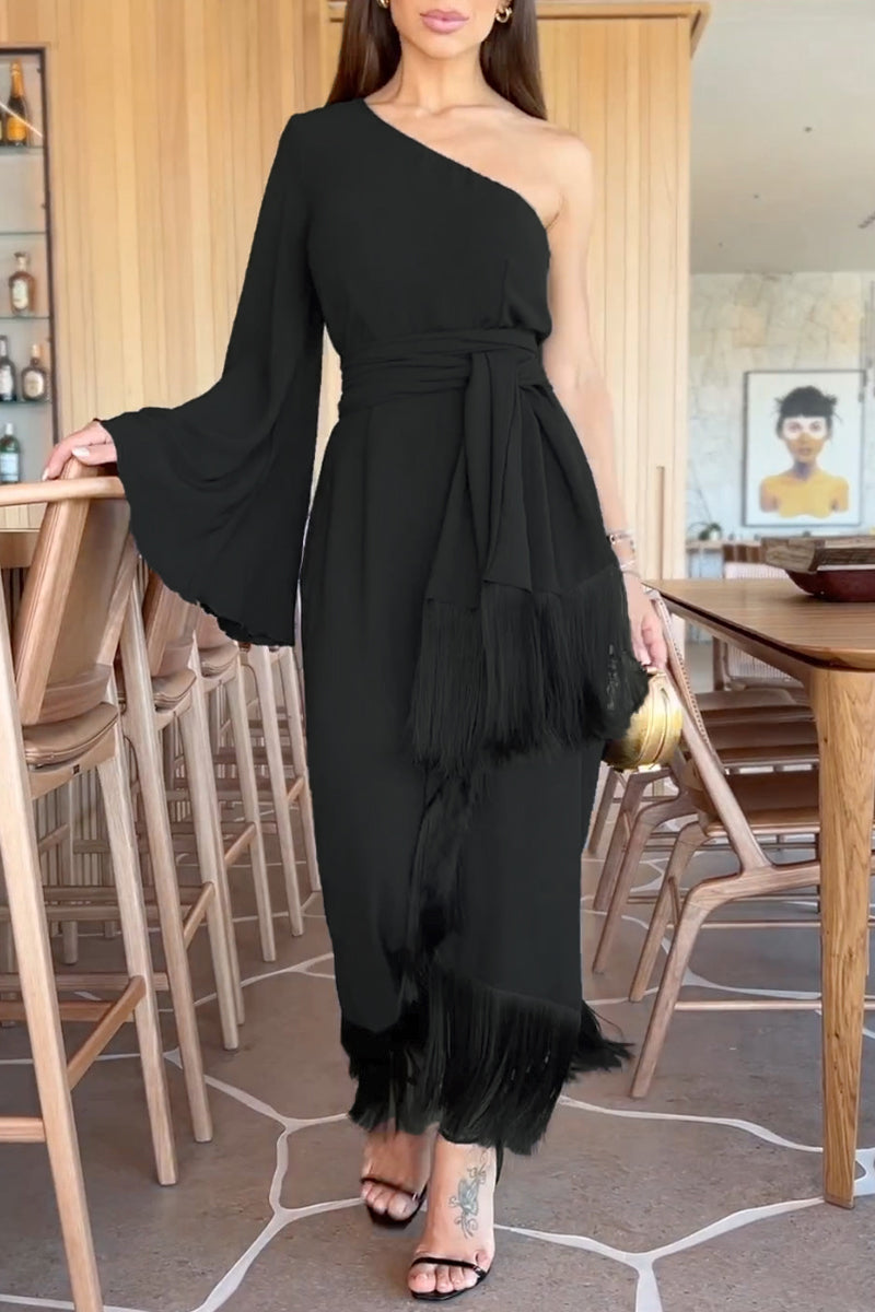 Celebrities Elegant Solid Tassel Flounce Oblique Collar Evening Dress Dresses Black