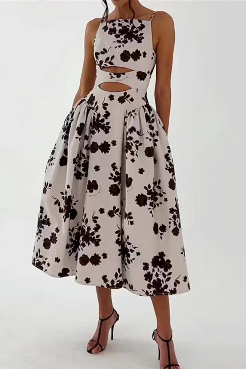 Sexy Floral Patchwork Backless Square Collar Printed Dress Dresses Black White