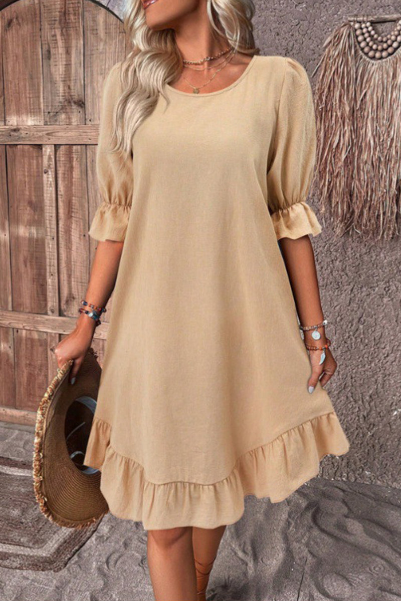 Casual Simplicity Solid Asymmetrical O Neck A Line Dresses Khaki