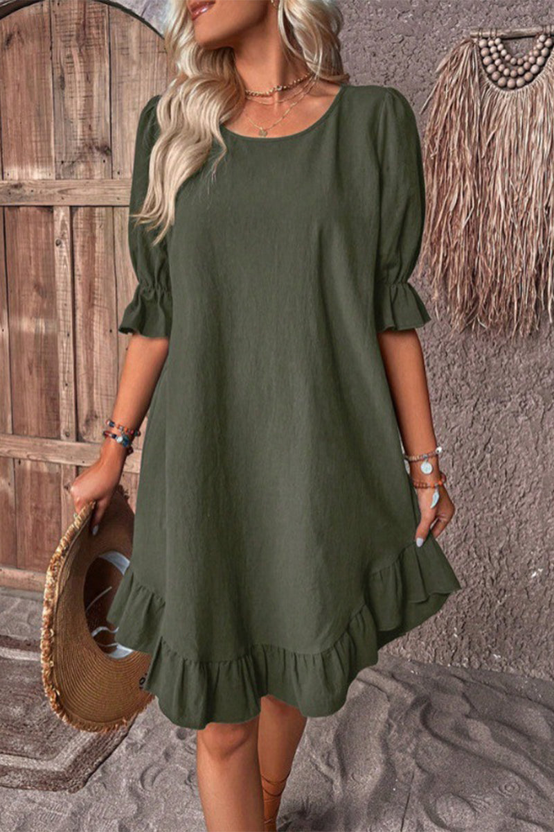 Casual Simplicity Solid Asymmetrical O Neck A Line Dresses Army Green