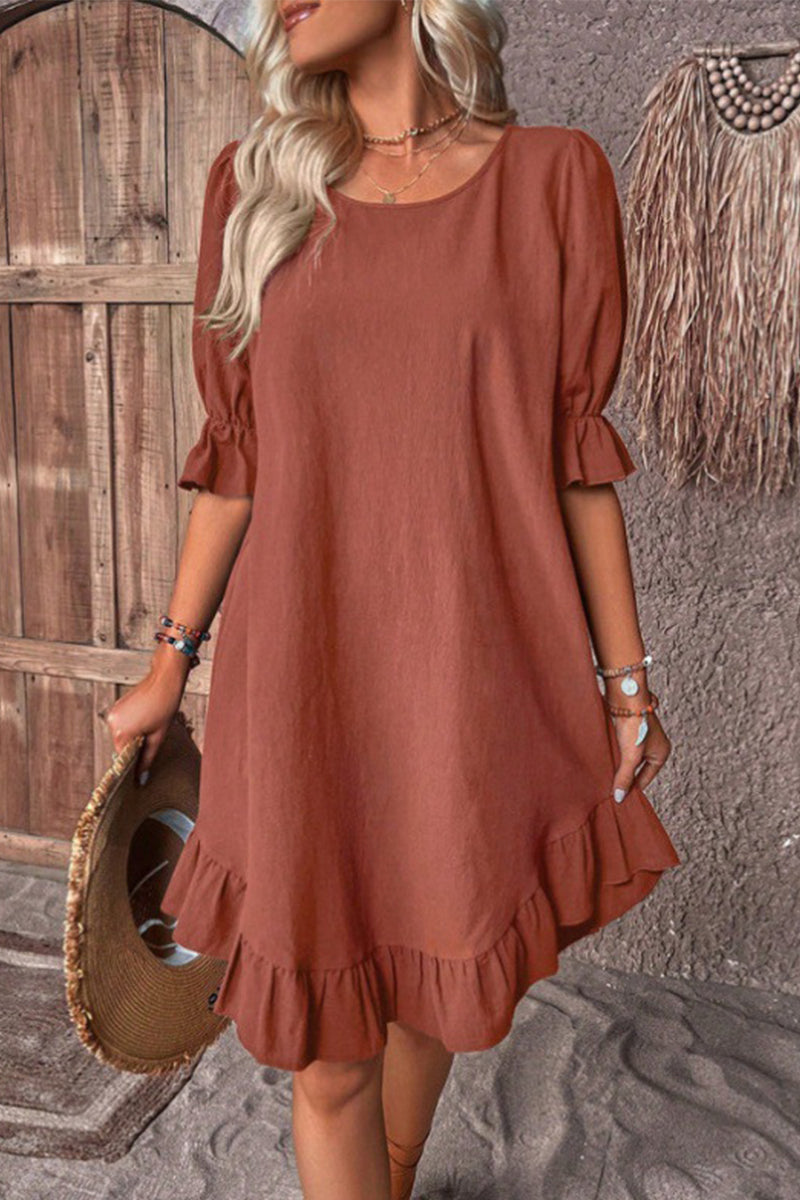 Casual Simplicity Solid Asymmetrical O Neck A Line Dresses Rust Red