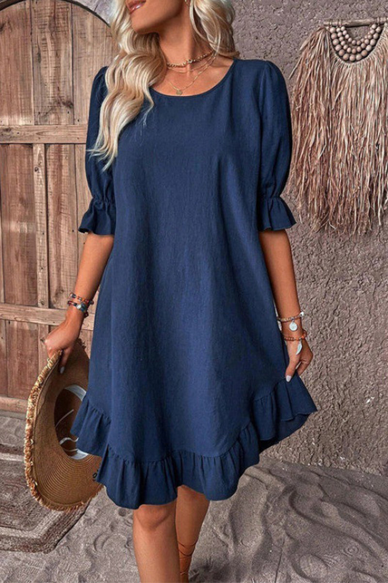 Casual Simplicity Solid Asymmetrical O Neck A Line Dresses Deep Blue