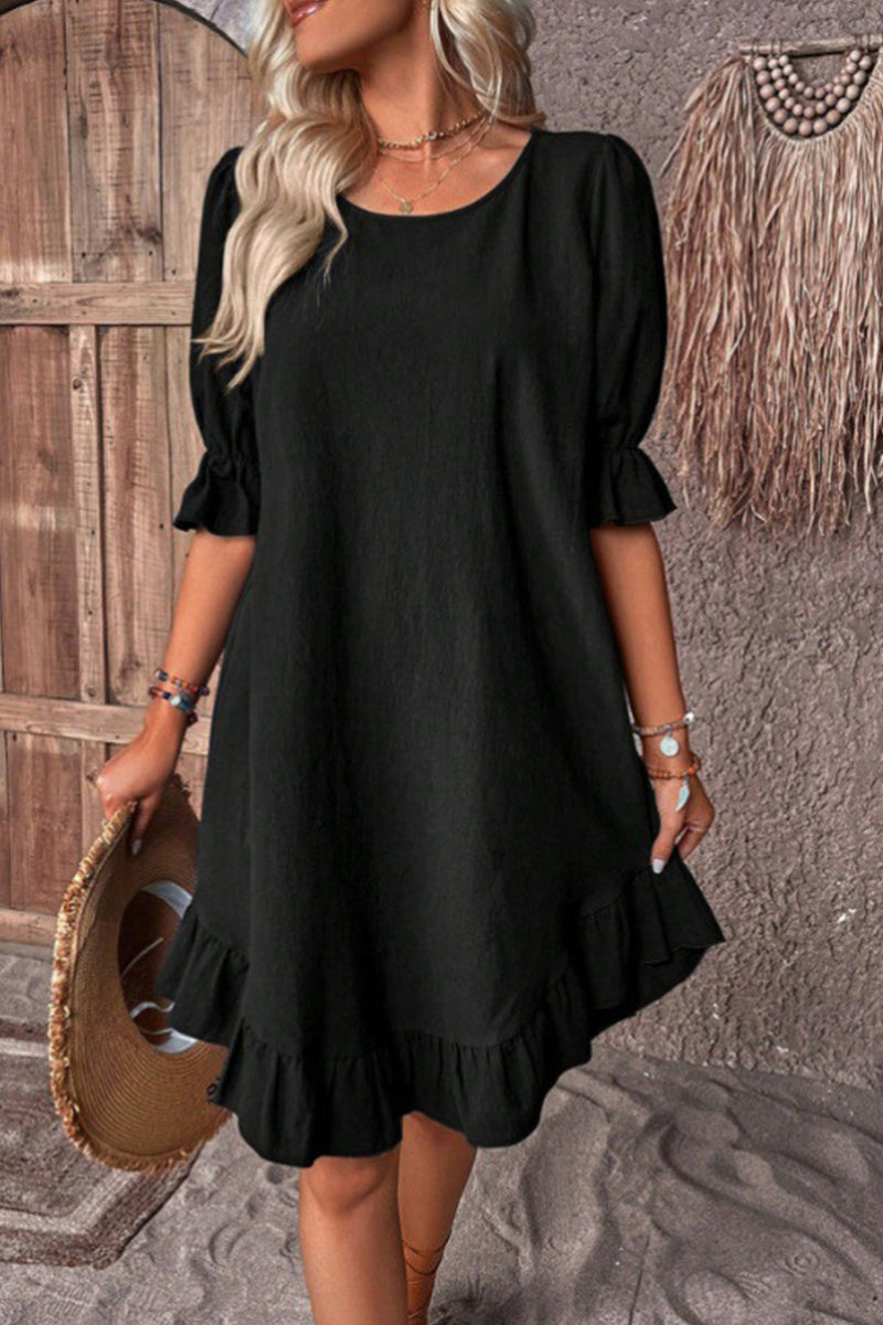 Casual Simplicity Solid Asymmetrical O Neck A Line Dresses Black