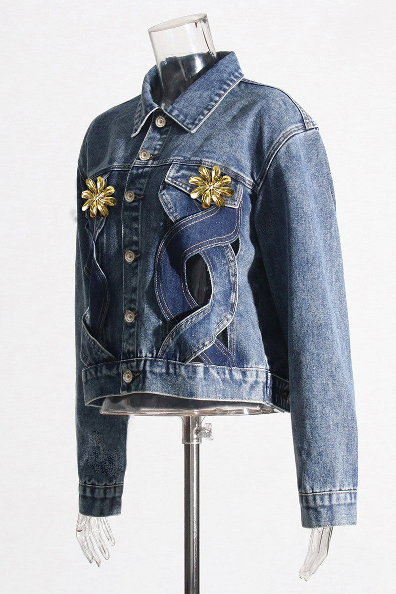 Casual Patchwork Buttons Turndown Collar Long Sleeve Regular Denim Jacket (Subject To The Actual Object)