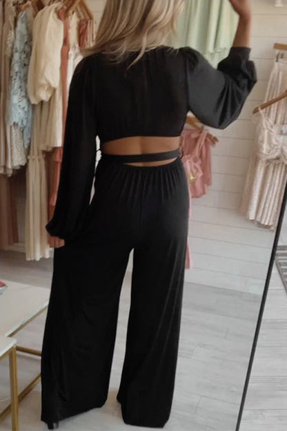 Sexy Solid Bandage V Neck Loose Jumpsuits