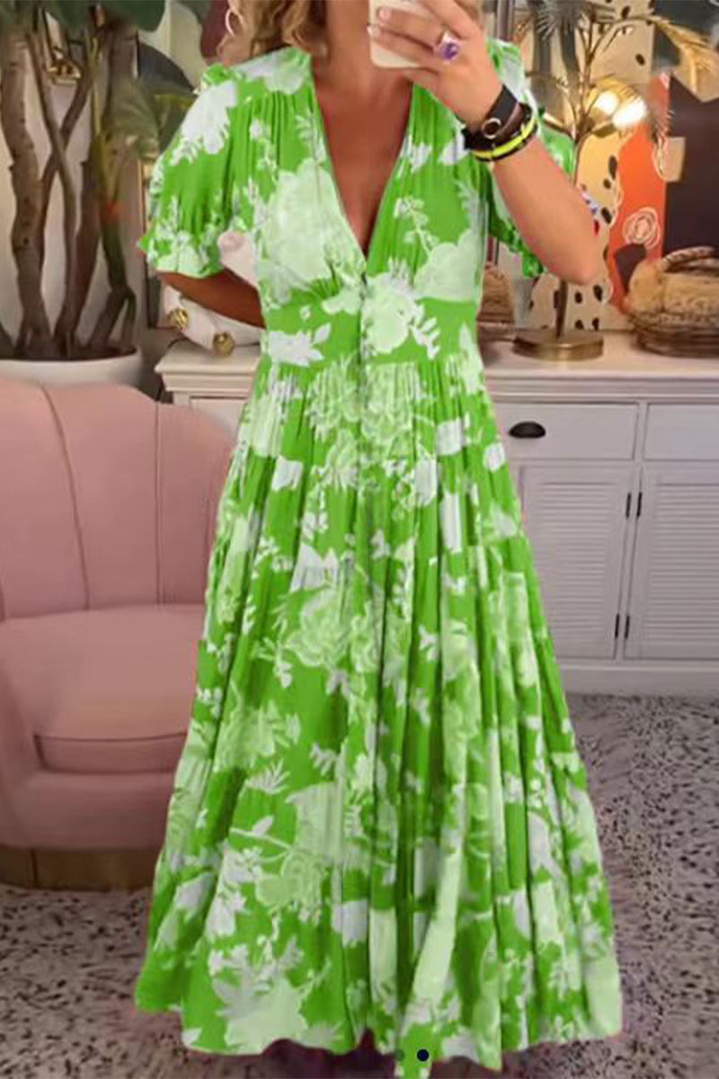 Sweet Elegant Floral V Neck A Line Dresses Green