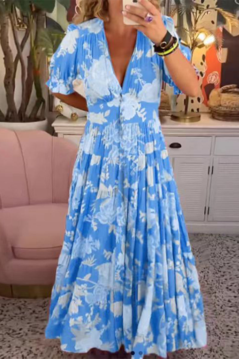 Sweet Elegant Floral V Neck A Line Dresses Sky Blue