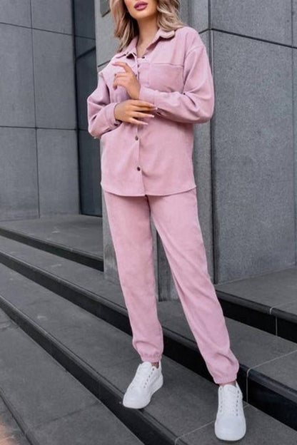 Casual Simplicity Solid Make Old Pocket Turndown Collar Long Sleeve Two Pieces Pink