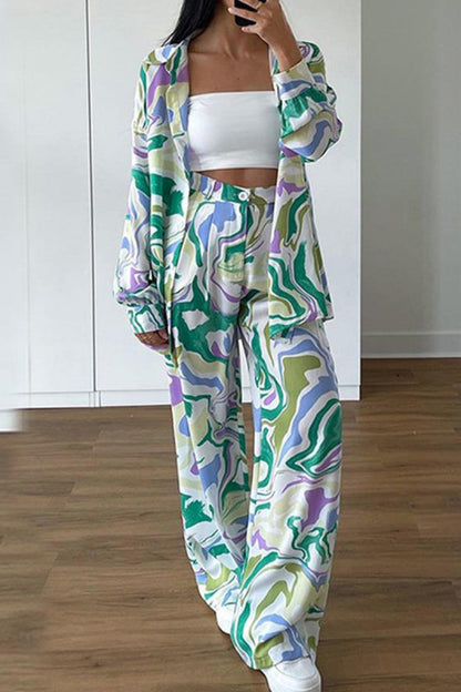 Casual Print Cardigan Pants Turndown Collar Long Sleeve Two Pieces Green