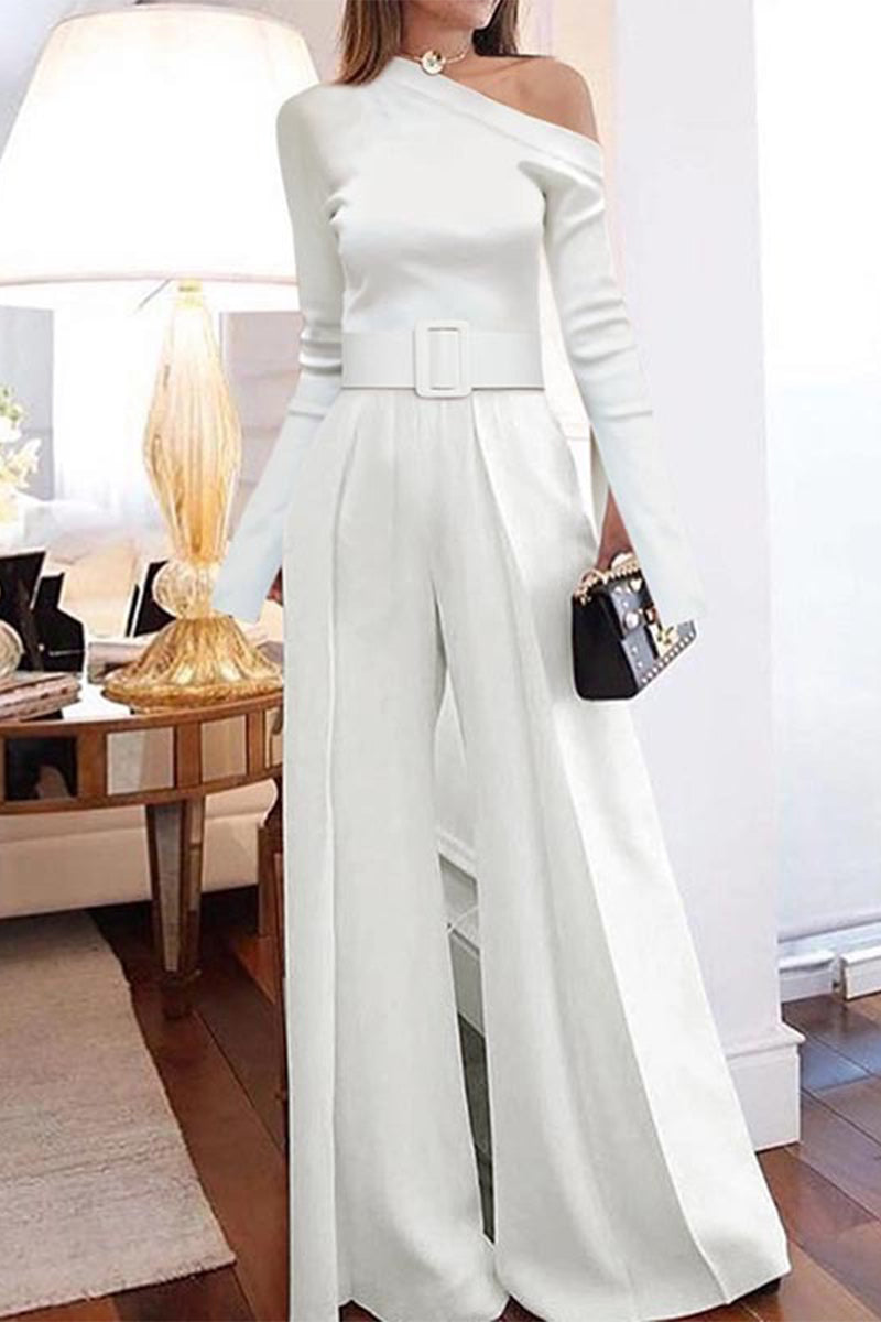 Sexy Street Solid With Belt Oblique Collar Regular Jumpsuits White