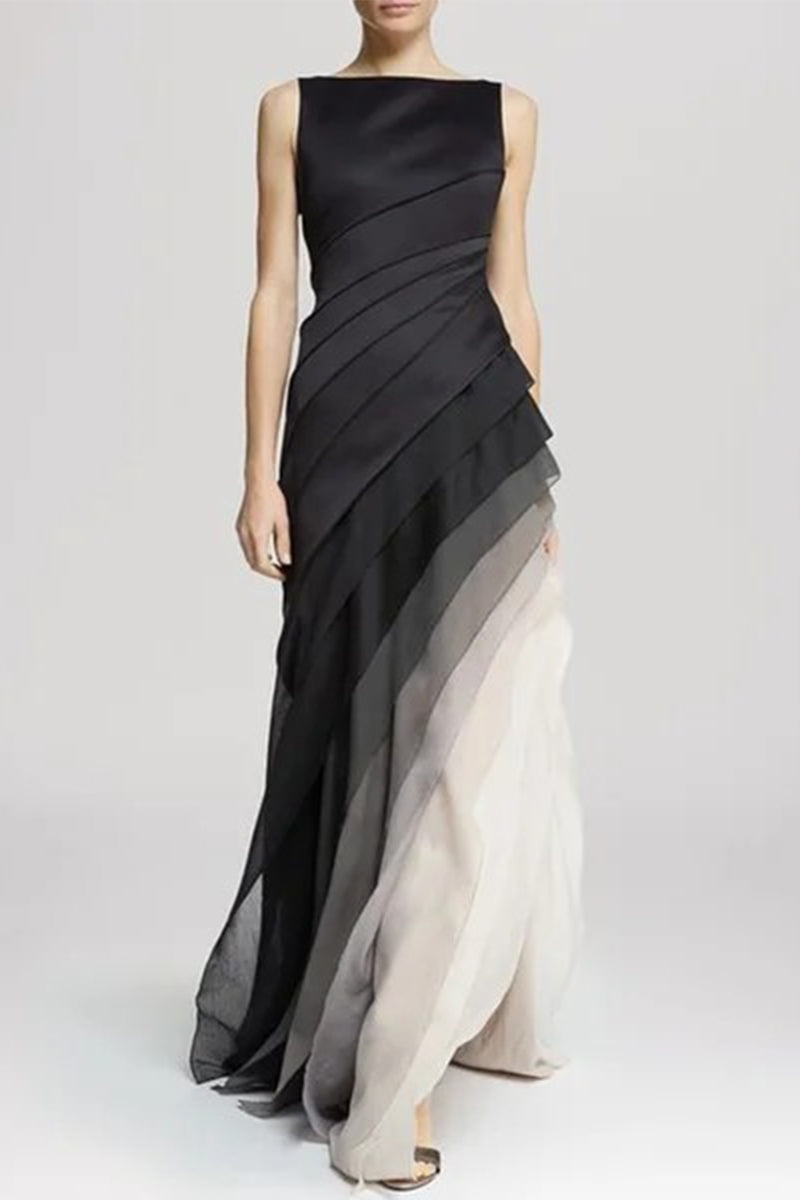 Elegant Gradual Change Color Block Contrast Asymmetrical Collar Evening Dress Dresses Black