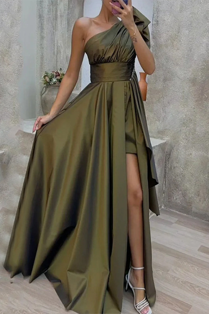 Elegant Formal Solid Slit Oblique Collar Evening Dress Dresses Army Green