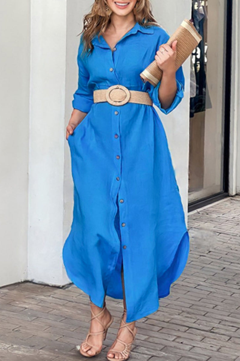 Casual Solid Buckle Without Belt Turndown Collar Shirt Dress Dresses(No Belt) Blue